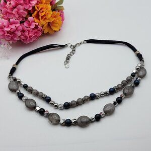 Ruby Rd. Gray Bead Cord Neckace Blue And Gray Double Strand Silver Tone 24 Inch